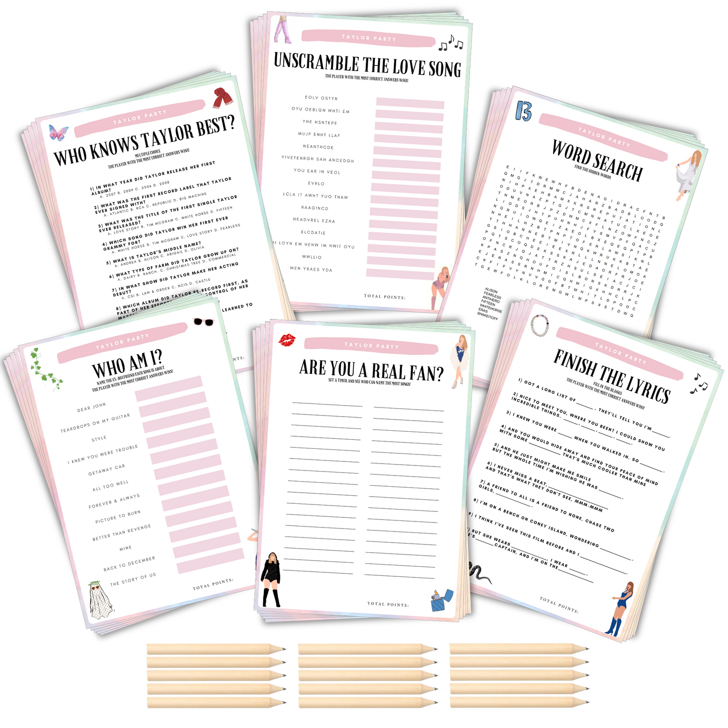 Echoglimmer | Taylor Party Favor Games - 6 Games for 15 Guests Taylor Party Favors